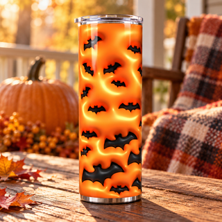 Black bats on orange — one 20 oz skinny stainless steel tumbler on an autumn porch lifestyle mockup