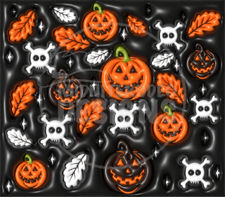 Jack-o-lanterns, skulls and autumn leaves on black — full flat artwork preview with faint MidniteRodeo Designs logo watermark