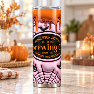 Witch Brewing: pink web design — one 20 oz skinny stainless steel tumbler in a kitchen lifestyle mockup