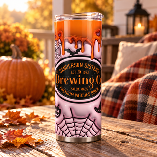 Witch Brewing: pink web design — one 20 oz skinny stainless steel tumbler on an autumn porch lifestyle mockup