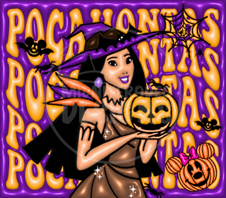 Witch holding a pumpkin with spell wording — full flat artwork preview with faint MidniteRodeo Designs logo watermark