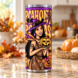 Witch holding a pumpkin with spell wording — one 20 oz skinny stainless steel tumbler in a kitchen lifestyle mockup