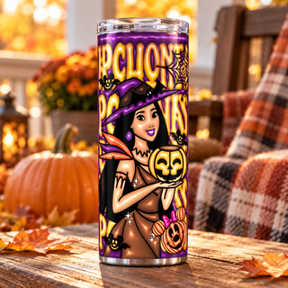 Witch holding a pumpkin with spell wording — one 20 oz skinny stainless steel tumbler on an autumn porch lifestyle mockup
