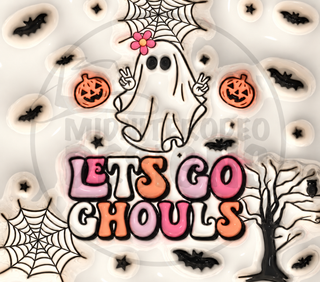 Lets Go Ghouls: ghost, pumpkins and webs — full flat artwork preview with faint MidniteRodeo Designs logo watermark