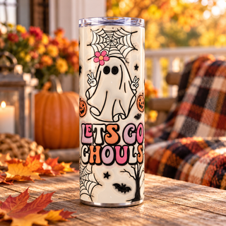 Lets Go Ghouls: ghost, pumpkins and webs — one 20 oz skinny stainless steel tumbler on an autumn porch lifestyle mockup