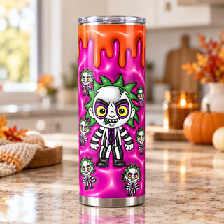 Striped-Suit Character on pink with blood drips — one 20 oz skinny stainless steel tumbler in a kitchen lifestyle mockup