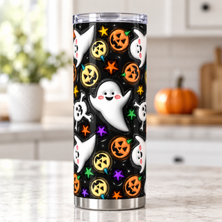 Ghosts, stars and jack-o-lanterns on black — single tumbler in a kitchen setting