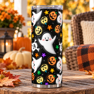 Ghosts, stars and jack-o-lanterns on black — single tumbler in a porch setting