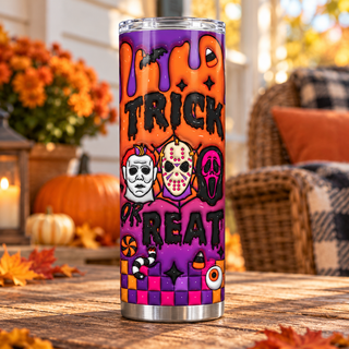 Trick or Treat: horror masks on orange-purple — single tumbler in a porch setting