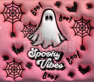 Spooky Vibes: white ghost and webs on pink — full watermarked artwork preview