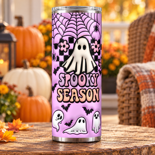 Spooky Season: ghosts and checkerboard on purple — single tumbler in a porch setting