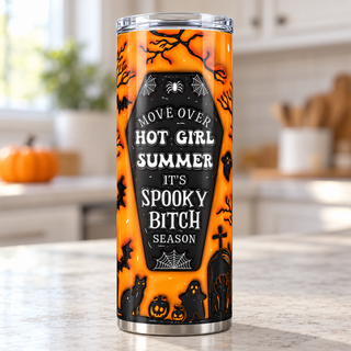 Move Over Hot Girl Summer Its Spooky Bitch Season: coffin — single tumbler in a kitchen setting