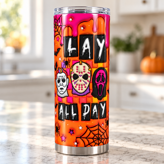 Slay All Day: horror masks — single tumbler in a kitchen setting