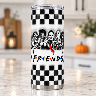 Horror Friends character lineup — single tumbler in a kitchen setting