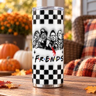 Horror Friends character lineup — single tumbler in a porch setting
