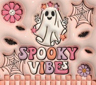 Spooky Vibes: ghost, flowers and peach checkerboard — flat artwork preview