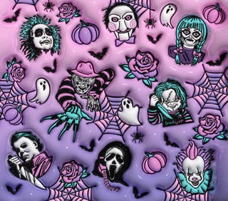 Horror character portraits and roses on purple — flat artwork preview