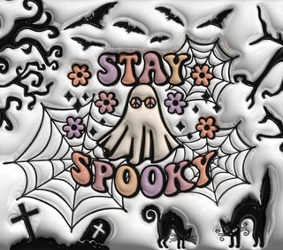 Stay Spooky: ghost, flowers and black Halloween silhouettes — flat artwork preview