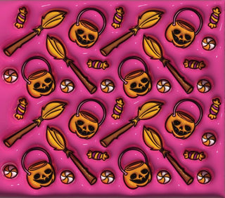 Pumpkin buckets, brooms and candy on pink — flat artwork preview