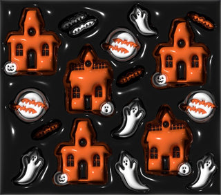 Haunted houses, ghosts and mouths on black — flat artwork preview