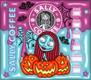 Patchwork Doll coffee parody with pumpkins — flat artwork preview