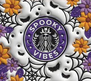 Spooky Vibes coffee parody with flowers and webs — flat artwork preview