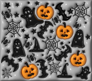 Ghosts, jack-o-lanterns and witch hats on gray — flat artwork preview