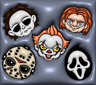 Mixed horror faces on blue-gray — flat artwork preview