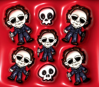 Pale-Masked Character figures and skulls on red — flat artwork preview