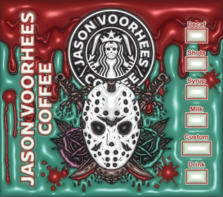 Hockey-Masked Character coffee parody: mask and floral accents — flat artwork preview