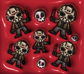 Hockey-Masked Character figures and skulls on red — flat artwork preview
