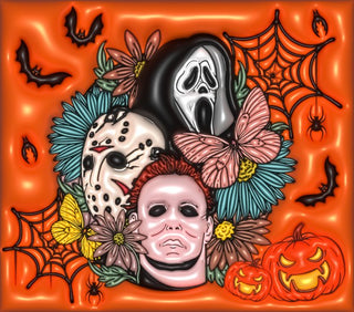 Horror masks and butterflies on orange — flat artwork preview