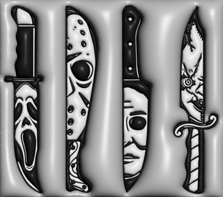 Horror character faces reflected in knives — flat artwork preview