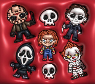 Mixed horror figures and skulls on red — flat artwork preview