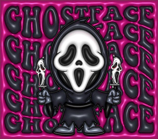 Screaming-Mask Character with repeated name lettering on pink — flat artwork preview