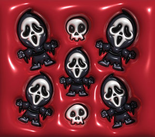 Screaming-Mask Character figures and skulls on red — flat artwork preview