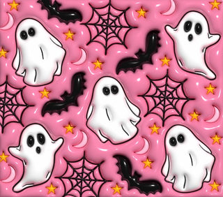 White ghosts, bats and webs on pink — flat artwork preview