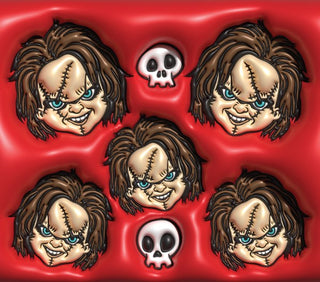 Orange-Haired Doll faces and skulls on red — flat artwork preview