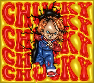 Orange-Haired Doll with knife and repeated name lettering — flat artwork preview