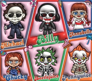 Horror characters in toy-style boxes — flat artwork preview