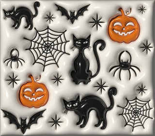 Black cats, jack-o-lanterns and webs on white — flat artwork preview