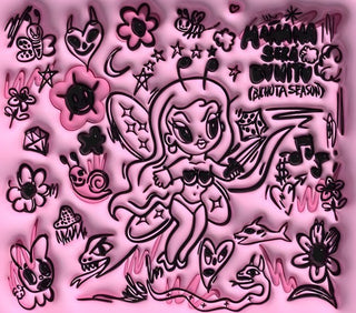 Pink witch cartoon with Halloween doodles — flat artwork preview
