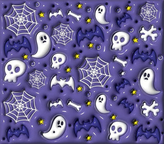 Ghosts, skulls, bats and webs on purple — flat artwork preview