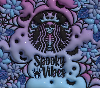 Spooky Vibes: skeleton coffee-logo parody and blue flowers — flat artwork preview
