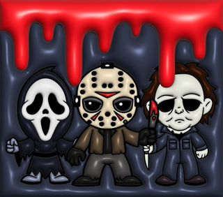 Screaming-Mask Character, Hockey-Masked Character and Pale-Masked Character with blood drips — flat artwork preview