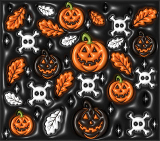 Jack-o-lanterns, skulls and autumn leaves on black — flat artwork preview
