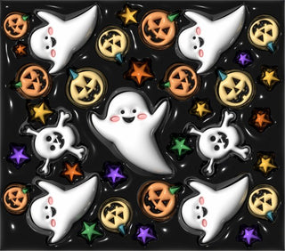 Ghosts, stars and jack-o-lanterns on black — flat artwork preview