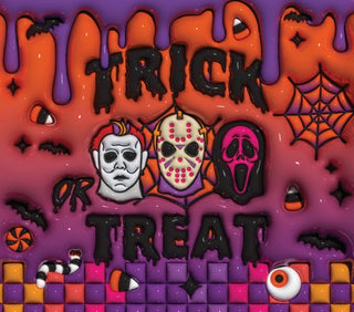 Trick or Treat: horror masks on orange-purple — flat artwork preview