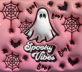 Spooky Vibes: white ghost and webs on pink — flat artwork preview