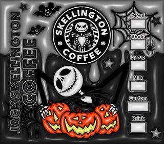 Striped-Suit Skeleton coffee parody with pumpkins — flat artwork preview